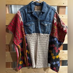Boho Denim Poncho, UpCycled, Handmade sweater Kaftan Patchwork XXL